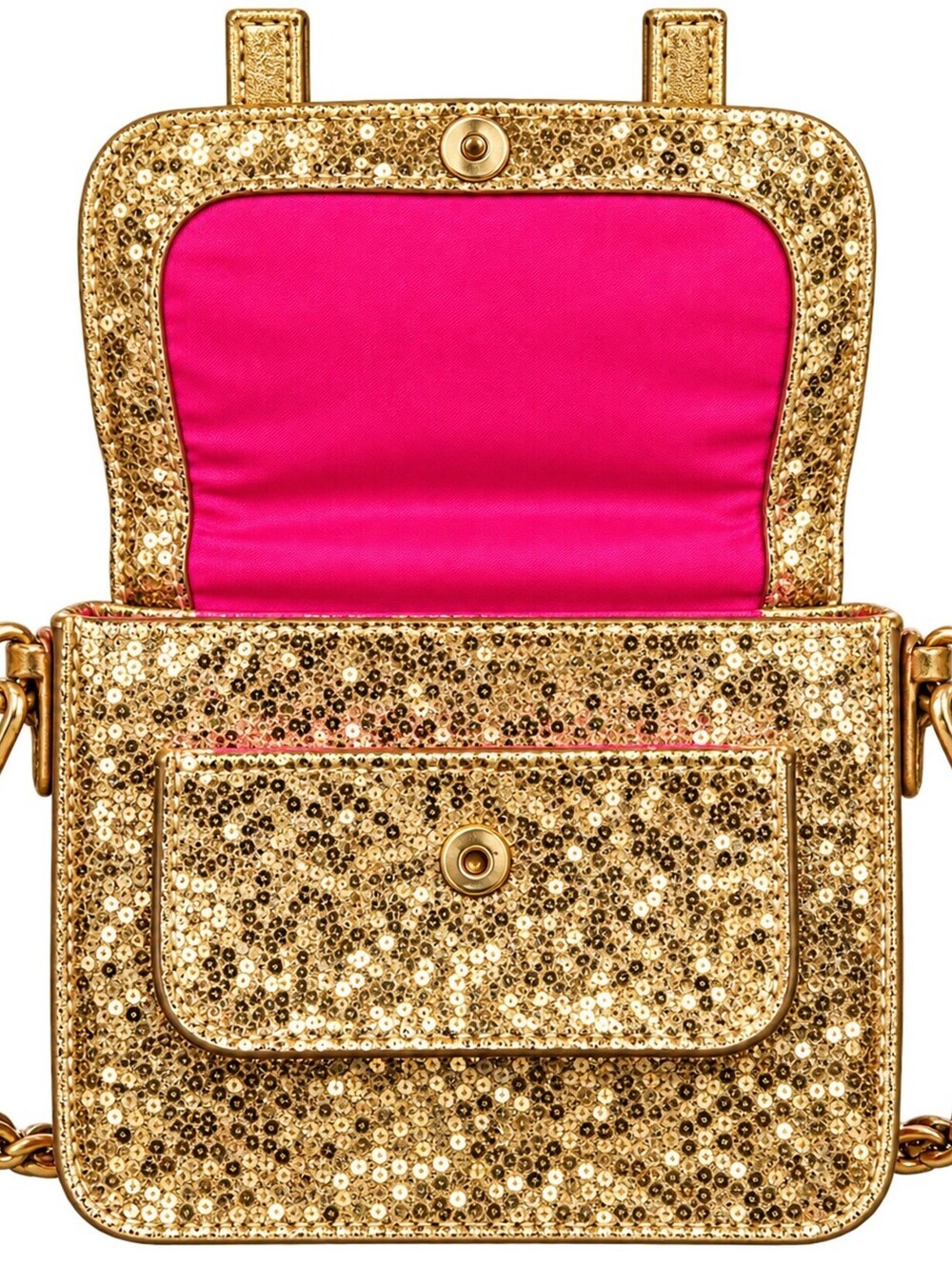 Gold Sequin Chain Strap Crossbody Bag with Pink Interior